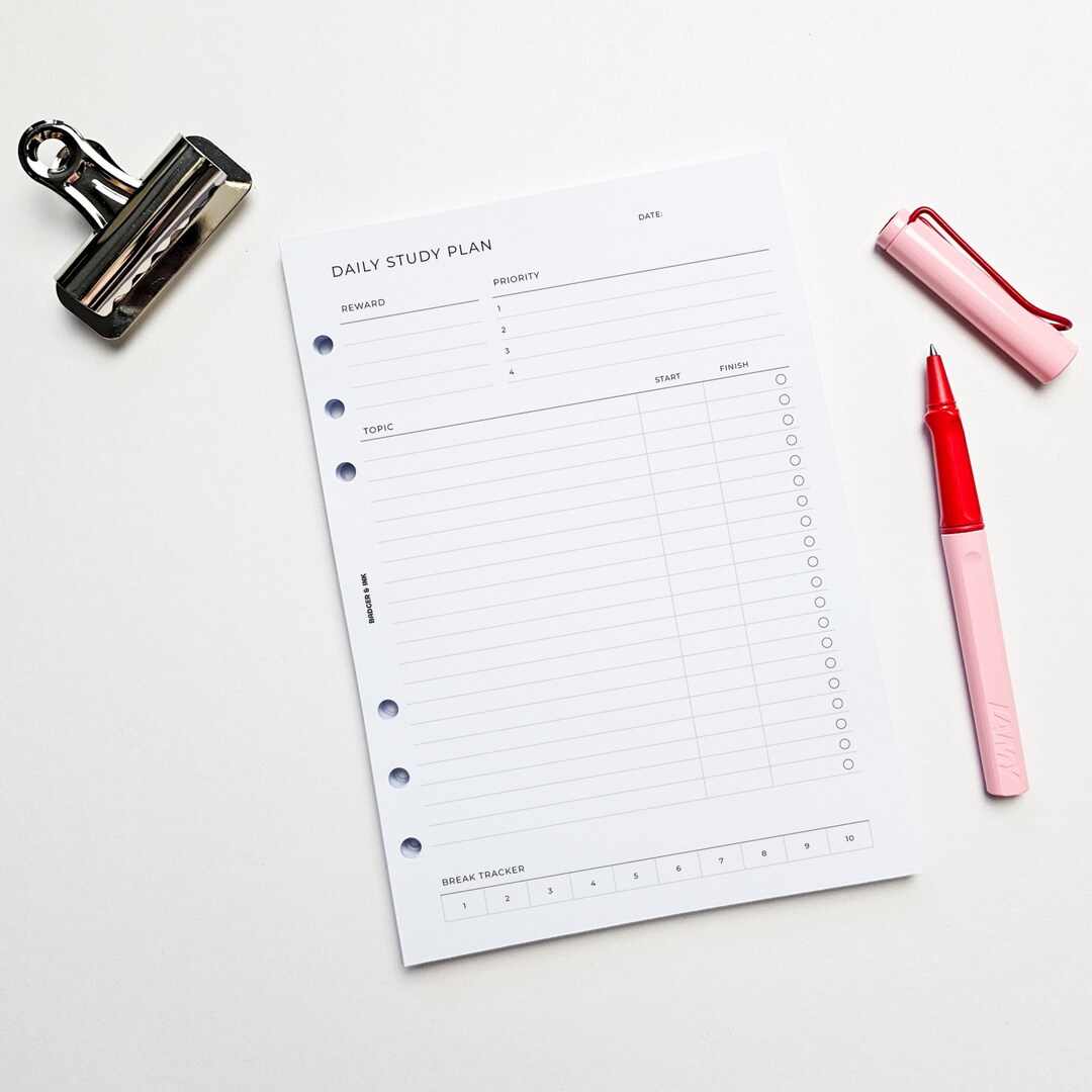 Daily Study A5 Planner Inserts | Filofax 6 Ring Binder | Academic ...