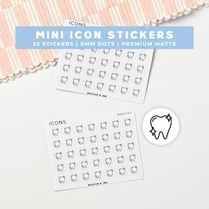 May include: Two sheets of white mini icon stickers featuring black line art of teeth with sparkles. Each sheet contains 35 stickers, each measuring 8mm in diameter. The text on the sheets reads ICONS, DENTIST, and BADGER & INK. The finish is premium matte.
