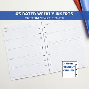 May include: A5 dated weekly planner inserts with a custom start month. The white pages feature a grid layout for each day of the week, with the month of January visible. The text "Divider Friendly Version" is also displayed.