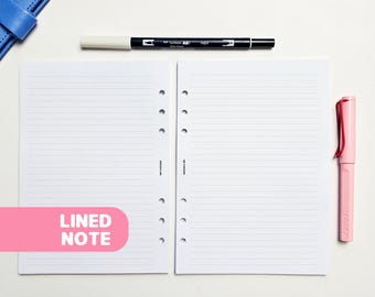 Lined Note A5 Planner Inserts | Filofax 6 Ring Binder