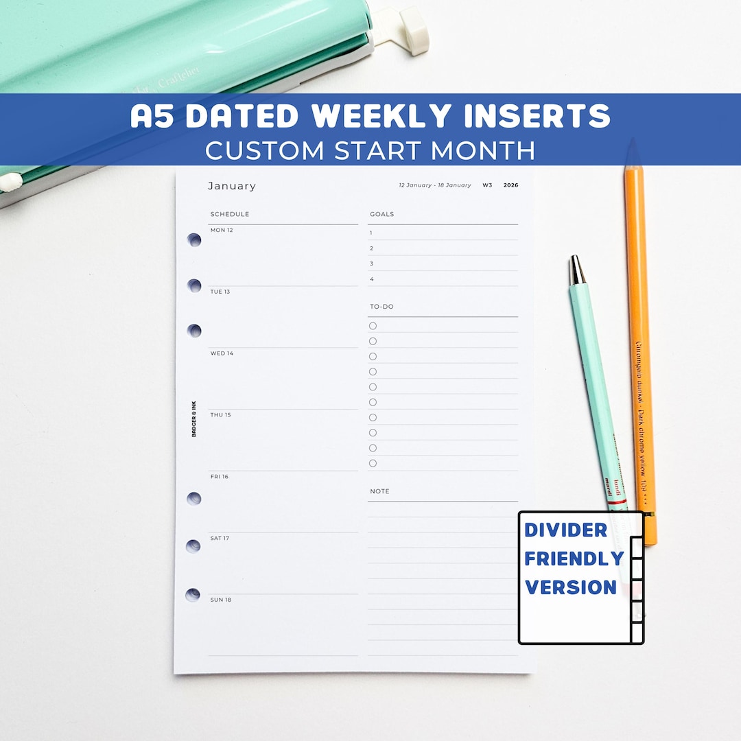 Dated Weekly A5 Planner Inserts | Filofax 6 Ring Binder | Week on One ...