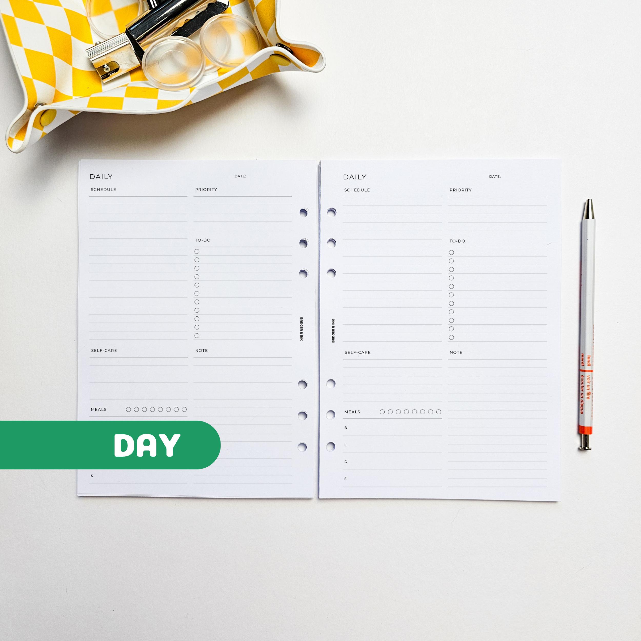 Daily A5 Planner Inserts | Filofax 6 Ring Binder | Undated Day per Page ...
