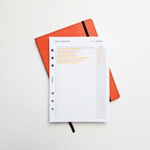 May include: A step tracker planner with the text "STEP TRACKER" and a grid for tracking steps. The planner is open to the month of October and has pink and yellow bars. It rests on an orange leather journal.