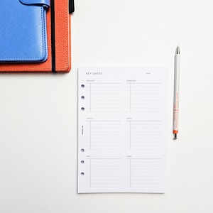 PRINTED A5 Monthly Key Date Planner Inserts | 6 Ring Binder | Minimalist Agenda Refill | Future Log | Double Page