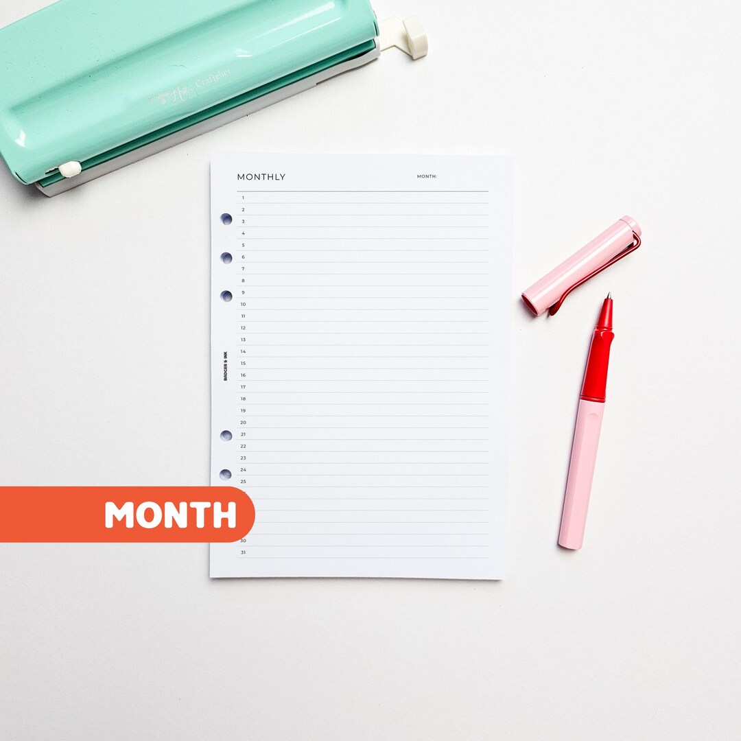 Monthly A5 Planner Inserts | Filofax 6 Ring Binder | Undated Month One ...