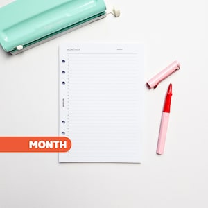 Monthly A5 Planner Inserts | Filofax 6 Ring Binder | Undated Month One Page