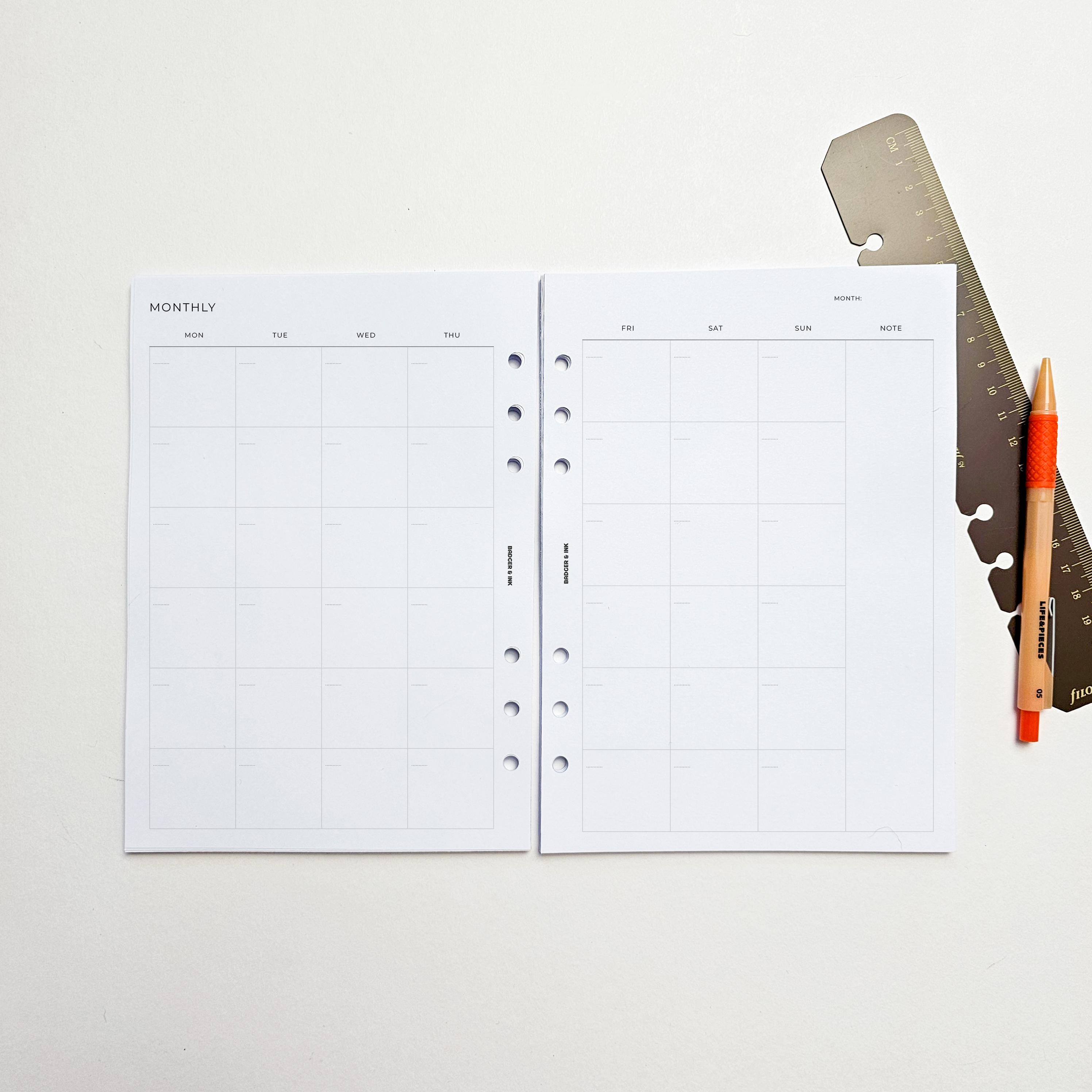 Monthly A5 Planner Inserts | Filofax 6 Ring Binder | Undated Month on ...