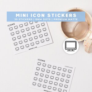 May include: Two sheets of mini icon stickers featuring computer graphics. The stickers are 8mm dots and premium matte. The text on the stickers reads "ICONS" and "COMPUTER". The stickers are on a white background.