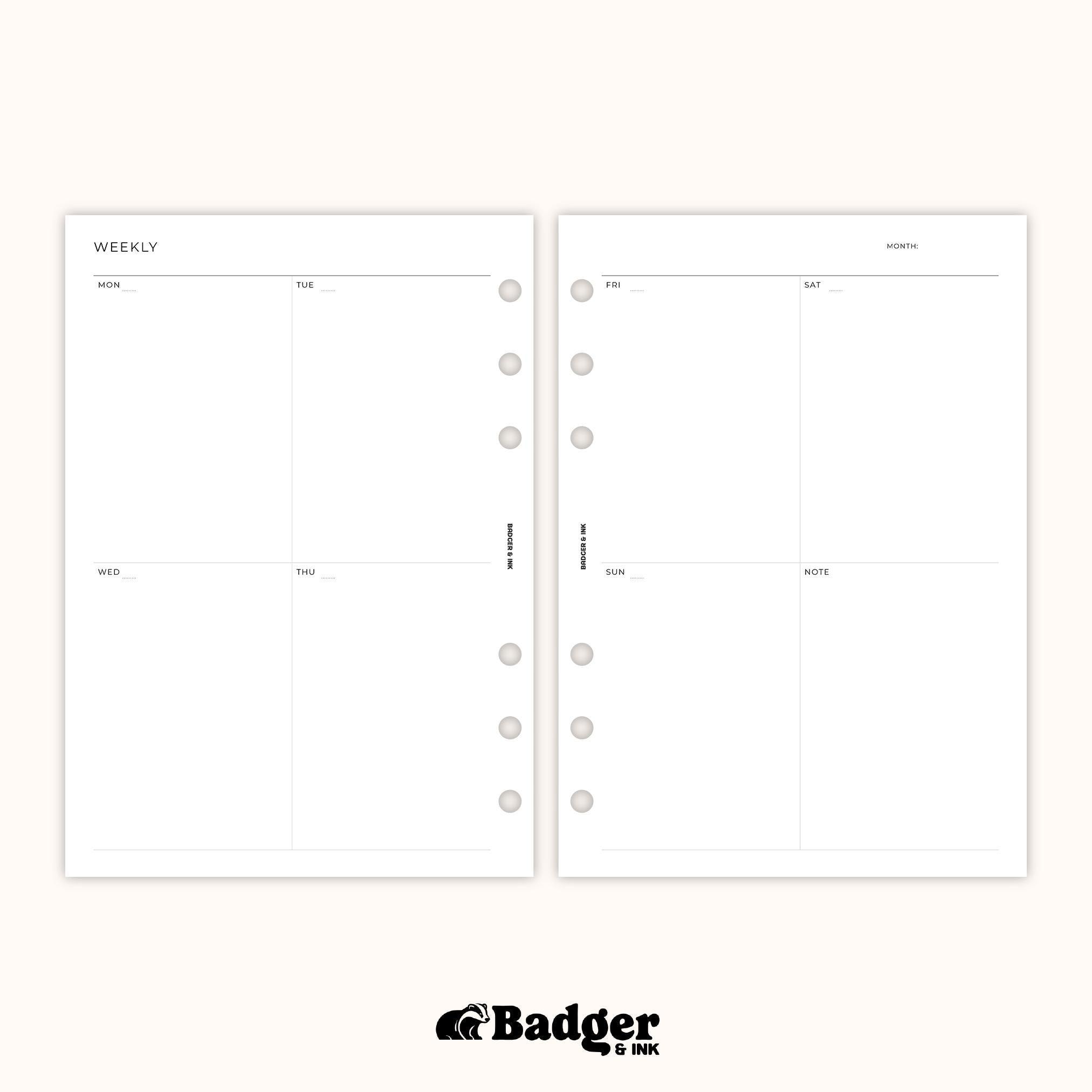 Weekly A5 Planner Inserts | Filofax 6 Ring Binder | Undated Week on Two ...
