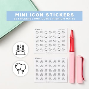 May include: Two sheets of white mini icon stickers featuring black line art of balloons and birthday cakes. Each sheet contains 35 stickers with 8mm dots in a premium matte finish. A red and pink fountain pen is positioned next to the sticker sheets.