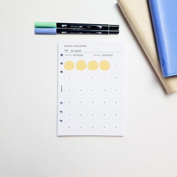 30 Day Challenge Tracker A5 Planner Inserts | Filofax 6 Ring Binder | Habit, Goal