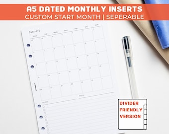 Monthly A5 Planner Inserts | Filofax 6 Ring Binder | Dated 2026 Diary | Single Page