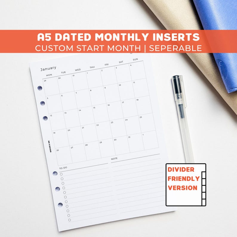 a calendar page with a pen and a pen holder on a white background. The calendar page has a custom start month and separable sections, and the pen holder is placed next to the calendar.