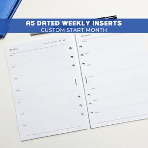 Dated Weekly A5 Planner Inserts | Filofax 6 Ring Binder | Week on One Page