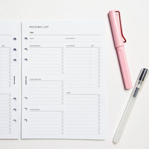 Packing List A5 Planner Inserts | Filofax 6 Ring Binder