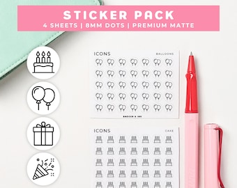 Celebration Pack Planner Stickers | Birthday Mini Icon Sticker Sheets
