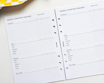 Weekly Symptom Tracker A5 Planner Inserts | Filofax 6 Ring Binder | Medical Journal