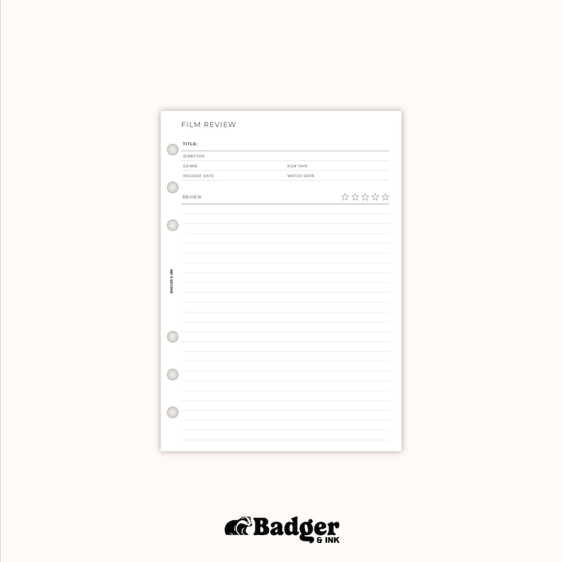 The image is a blank film review form with a minimalist design, featuring a single line of text and a rating scale with five stars.