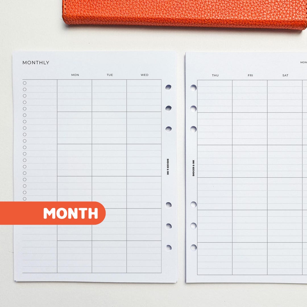 Monthly A5 Planner Inserts | Filofax 6 Ring Binder | Undated Month on ...