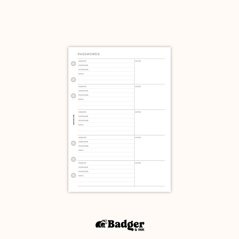Password Tracker A5 Planner Inserts | Filofax 6 Ring Binder image 4