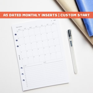 DATED A5 Monthly Planner Inserts | Printed | Separable | 6 Ring Organiser | Disc | Agenda Refill | Grid Calendar | Month on One Page | MO1P