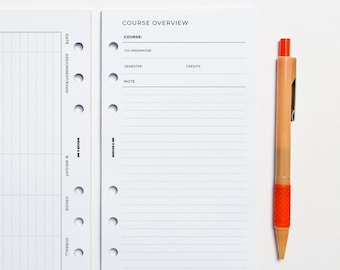 Course Overview Planner Inserts | Personal Filofax 6 Ring Binder | Academic Student