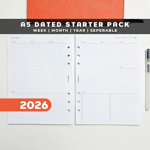 Dated Yearly, Monthly, Weekly A5 Planner Insert Pack | Filofax 6 Ring Binder