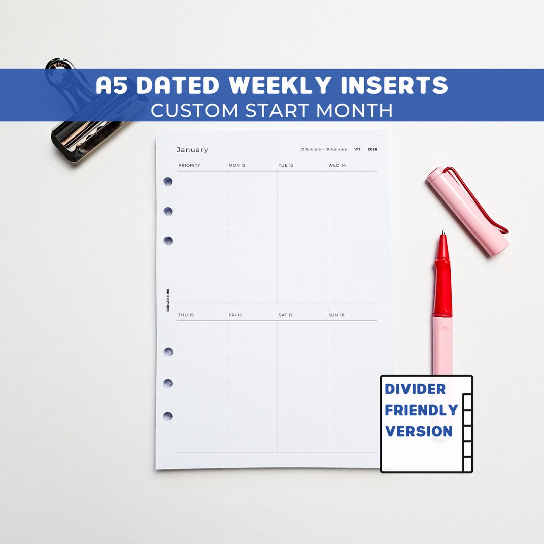 Weekly A5 Planner Inserts | Filofax 6 Ring Binder | Dated 2026 Diary ...