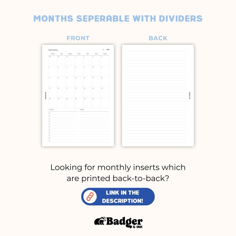 two different views of a calendar page, with the front and back views side by side. The calendar page is printed with months and days, and there are two blank pages next to it.