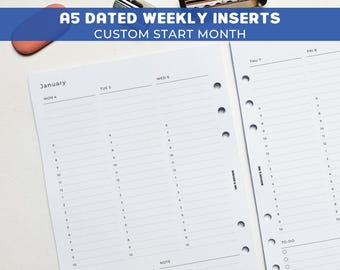 Dated Weekly A5 Planner Inserts | Filofax 6 Ring Binder | Week on Two Pages