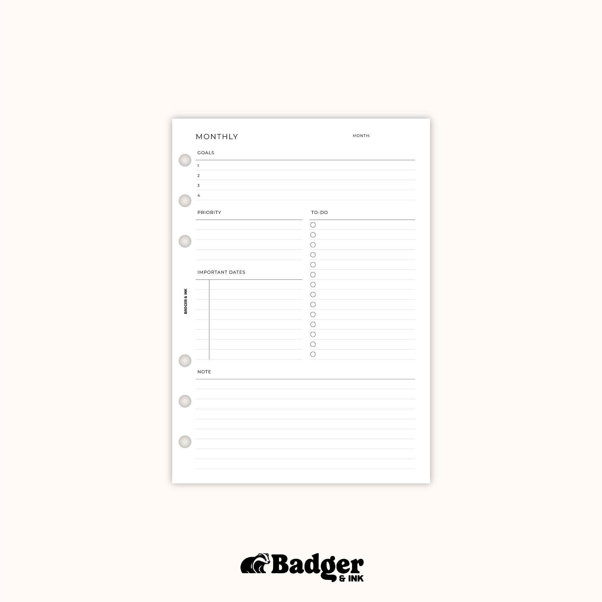 Monthly A5 Planner Inserts | Filofax 6 Ring Binder | Undated Month on ...