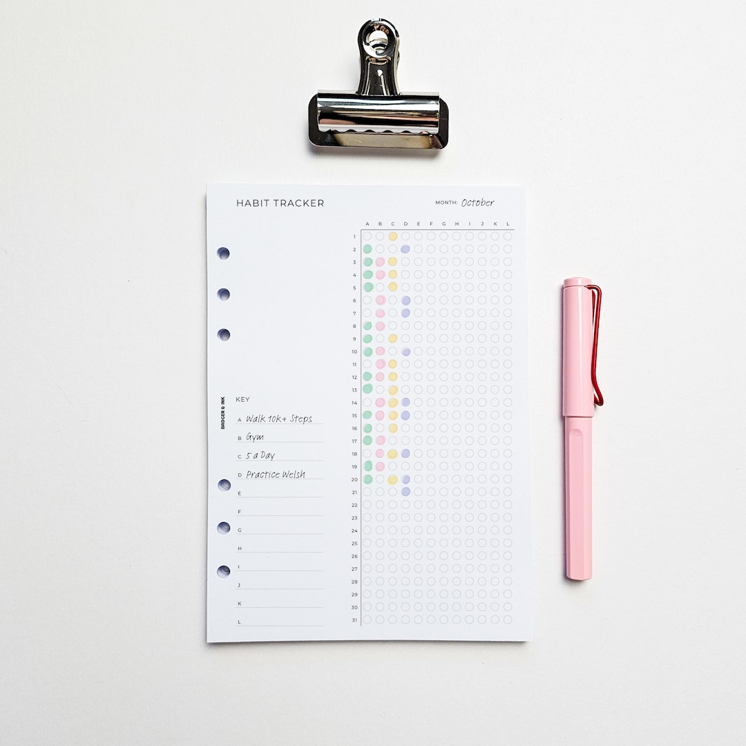 Habit Tracker Grid A5 Planner Inserts | Filofax 6 Ring Binder | Year in ...
