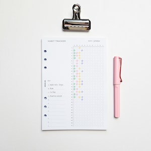 May include: A white habit tracker with an October calendar, colourful dots, and a key for tracking habits. A pink pen rests beside the tracker, and a silver binder clip is at the top. The tracker has a list of habits to track.