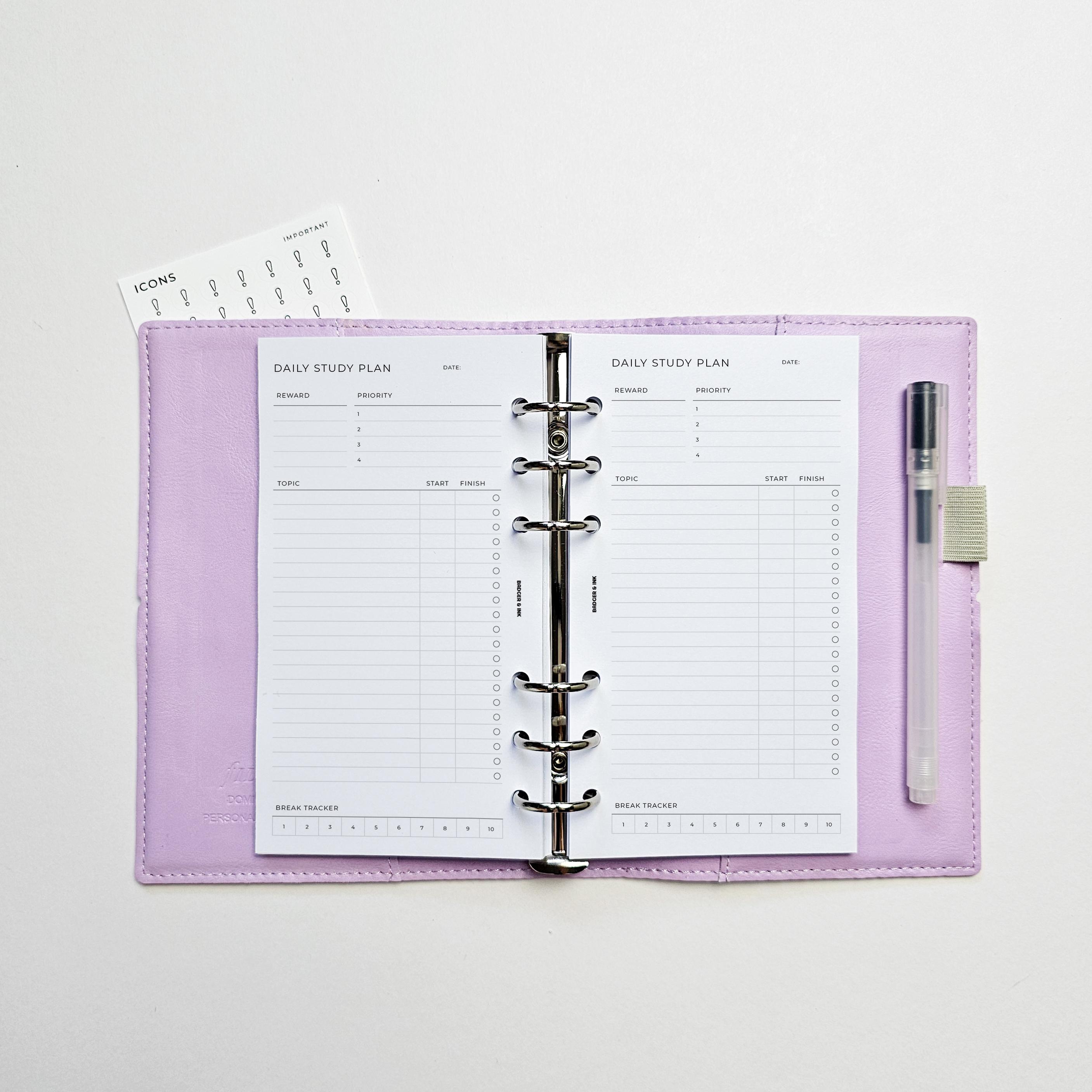 Daily Study Planner Inserts | Personal Filofax 6 Ring Binder | Academic ...