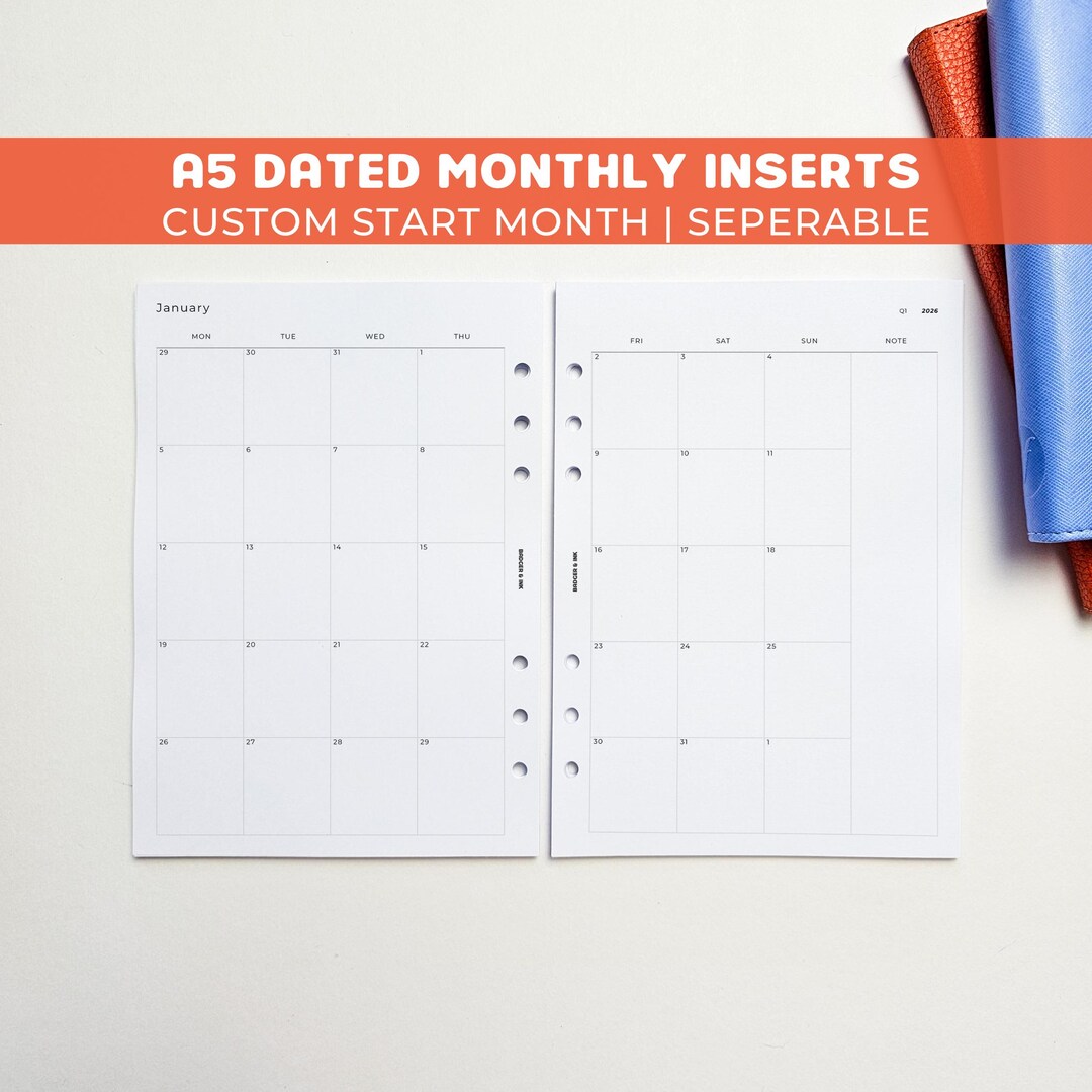 Dated Monthly A5 Planner Inserts | Filofax 6 Ring Binder | 2026 Diary ...