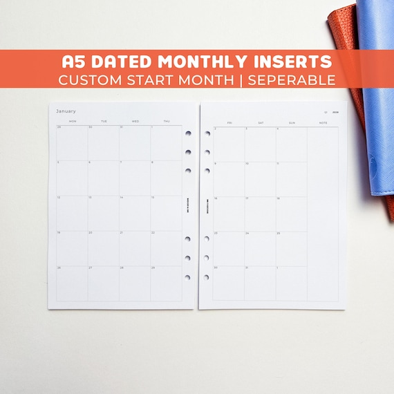 Dated Monthly A5 Planner Inserts | Filofax 6 Ring Binder | 2026 Diary | Double Page