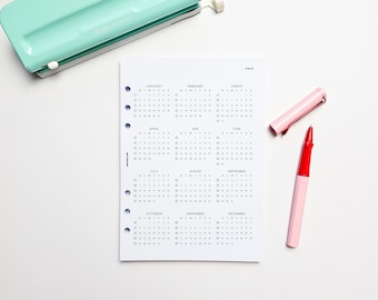 Yearly Calendar A5 Planner Inserts | Filofax 6 Ring Binder | Year at a Glance