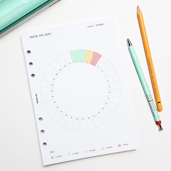 Rate My Day Tracker A5 Planner Inserts | Filofax 6 Ring Binder | Daily Mood Journal
