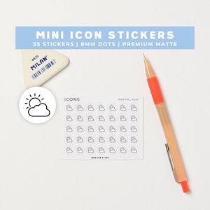 May include: A sheet of 35 round matte stickers featuring black partial sun weather icons, labeled Icons and Partial Sun with Badger & Ink branding. The sheet is displayed alongside a white triangular Milan eraser and an orange mechanical pencil.