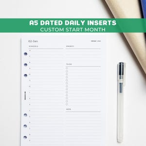 Daily A5 Planner Inserts | Filofax 6 Ring Binder | Dated 2026 Diary