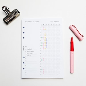 Peut inclure: Une feuille blanche de suivi des symptômes avec le texte "Symptom Tracker" et "October". Un trombone argenté, un stylo rose et un capuchon de stylo rose sont également présents. Le suivi comporte des points colorés.