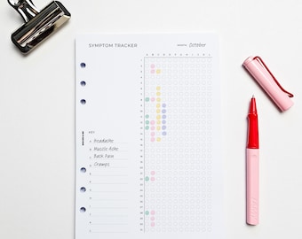 Monthly Symptom Tracker A5 Planner Inserts | Filofax 6 Ring Binder | Medical Journal