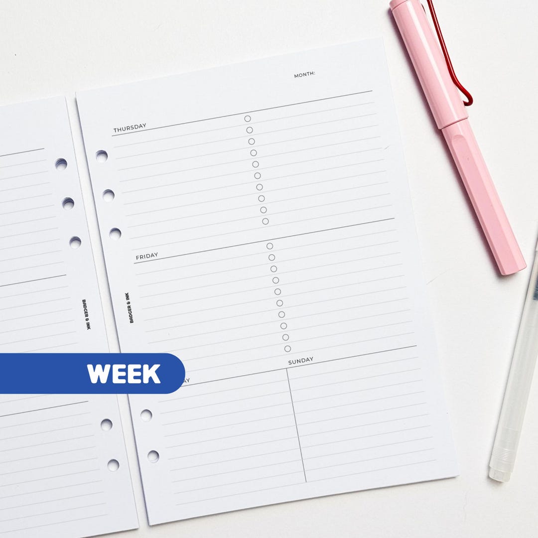 Weekly A5 Planner Inserts | Filofax 6 Ring Binder | Undated Week on Two ...