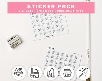 May include: A sticker pack featuring 5 sheets of 8mm matte dots with black line art icons. The designs include cleaning supplies like vacuums, dusters, and laundry baskets. A pencil and sharpener are positioned next to the sticker sheets.