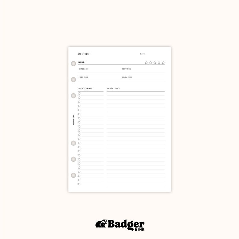 Recipe A5 Planner Inserts | Filofax 6 Ring Binder image 4