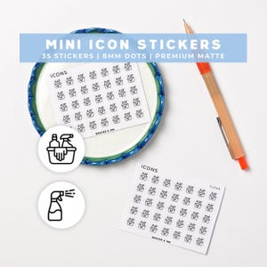 May include: Two white sticker sheets featuring black line art icons of cleaning supplies, including a basket with bottles and a spray bottle. The text reads MINI ICON STICKERS, 35 STICKERS, 8MM DOTS, PREMIUM MATTE, ICONS, CLEAN, and BADGER & INK.