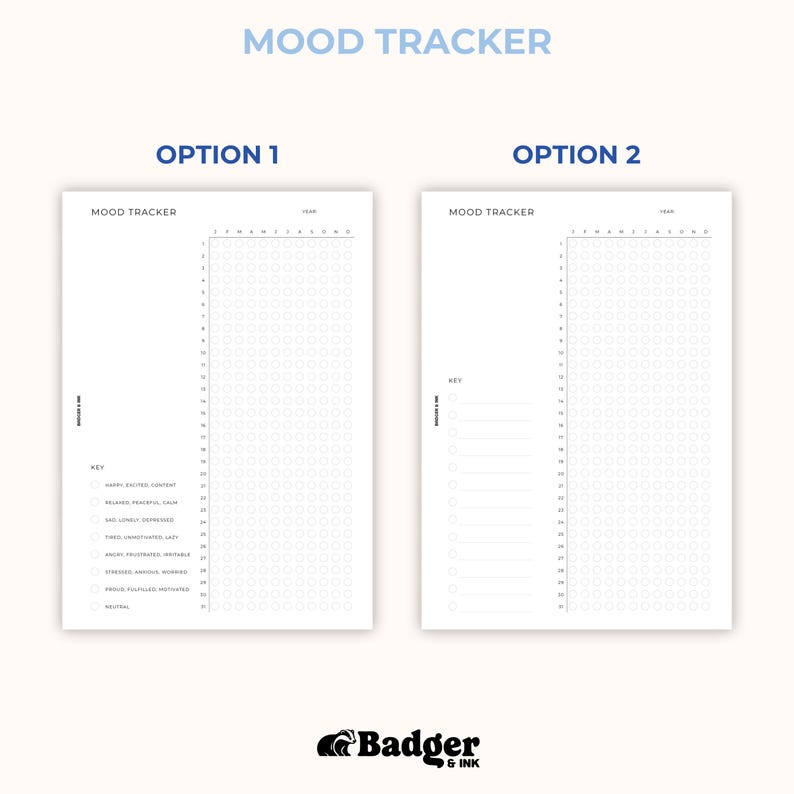 The image is a mood tracker with two options, one for "Option 1" and one for "Option 2". The mood tracker is a form where users can track their mood and emotions over time.