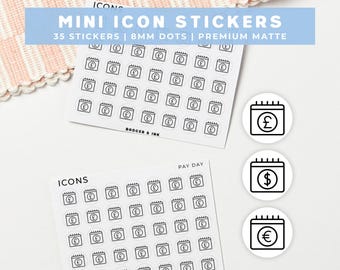 Pegatinas para planificar el día de pago / Hoja de pegatinas con mini iconos para recordatorios de sueldo, ingresos, finanzas y dinero