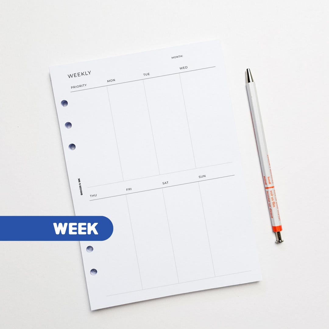 Weekly A5 Planner Inserts | Filofax 6 Ring Binder | Undated Week on One ...