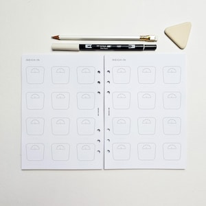 May include: Two-page spread of a weight loss tracker with the words "WEIGH-IN" at the top of each page. Each page has a grid of small scale illustrations. A white pencil, black marker, and a triangular eraser are on top.